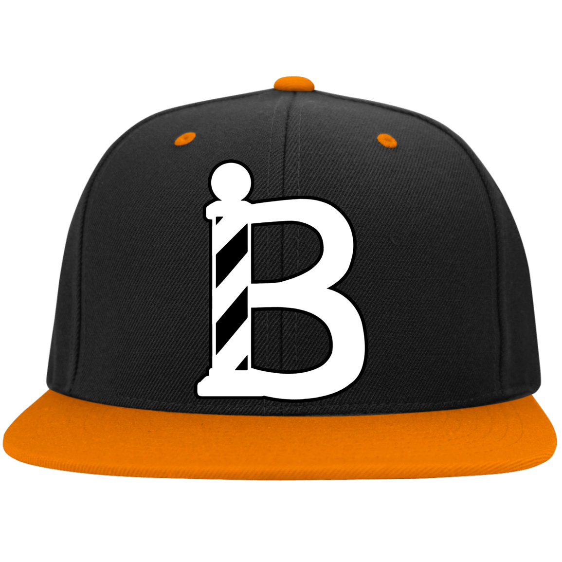 Barber Snapback B Barber Pole White Full Color-Apparel-CustomCat-STC19 Sport-Tek Flat Bill High-Profile Snapback Hat-Black/Deep Orange-One Size-Vibe Cosy™