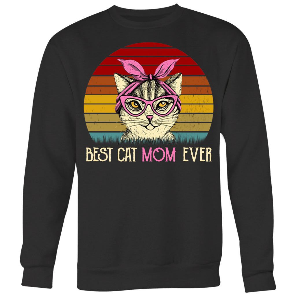 Vintage Best Cat Mom Ever T-Shirt-Apparel-teelaunch-Crewneck Sweatshirt Big Print-Black-S-Vibe Cosy™