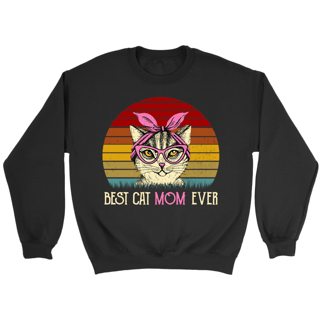 Vintage Best Cat Mom Ever T-Shirt-Apparel-teelaunch-Crewneck Sweatshirt-Black-S-Vibe Cosy™