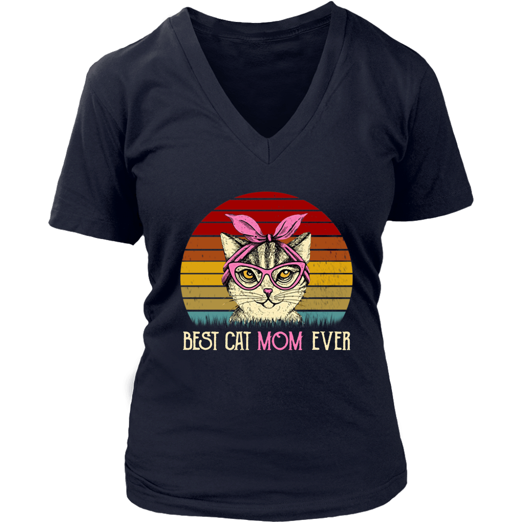 Vintage Best Cat Mom Ever T-Shirt-Apparel-teelaunch-District Womens V-Neck-Navy-S-Vibe Cosy™