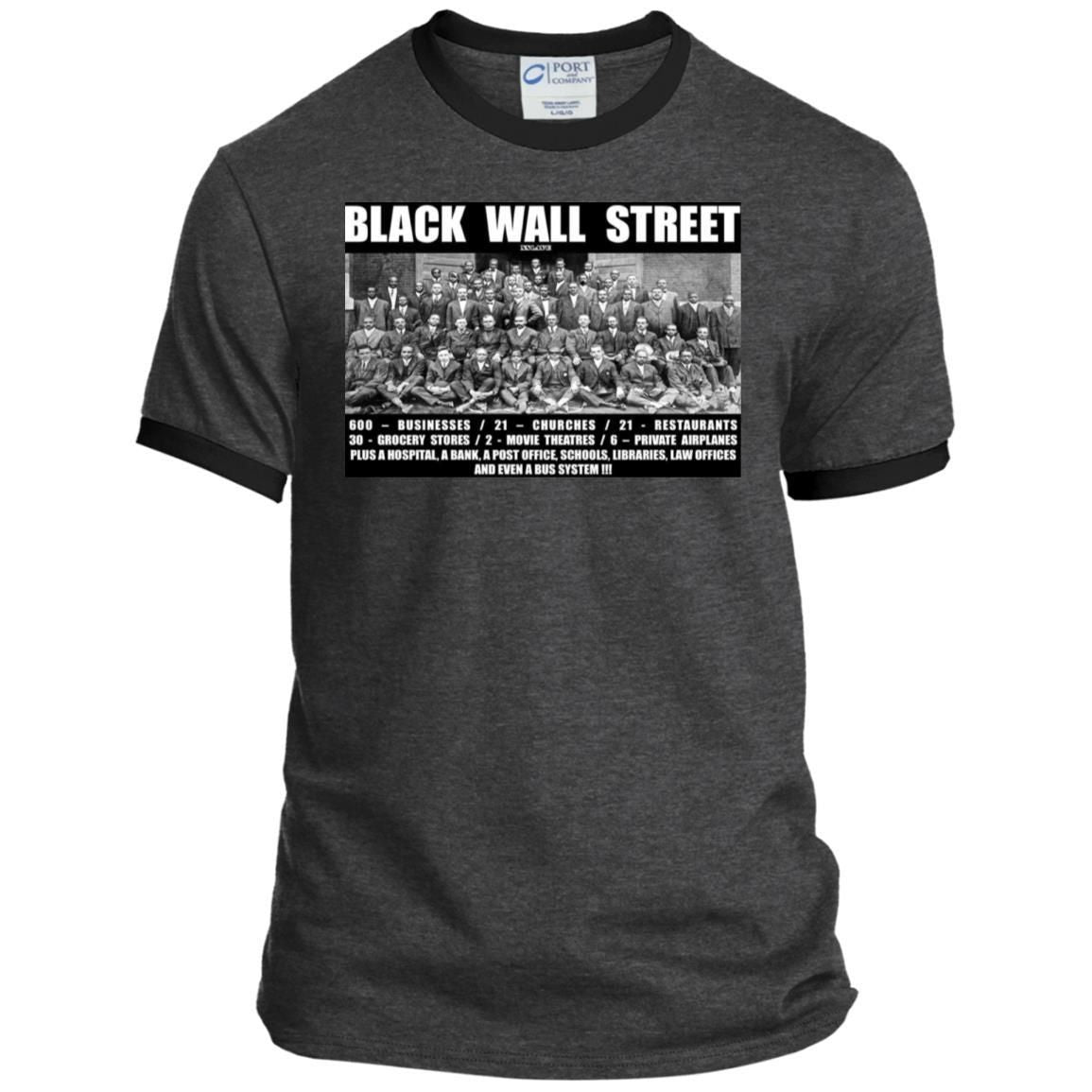Black Wall Street T Shirts Black History-Apparel-CustomCat-PC54R Port & Co. Ringer Tee-Dark Heather/Jet Black-S-Vibe Cosy™