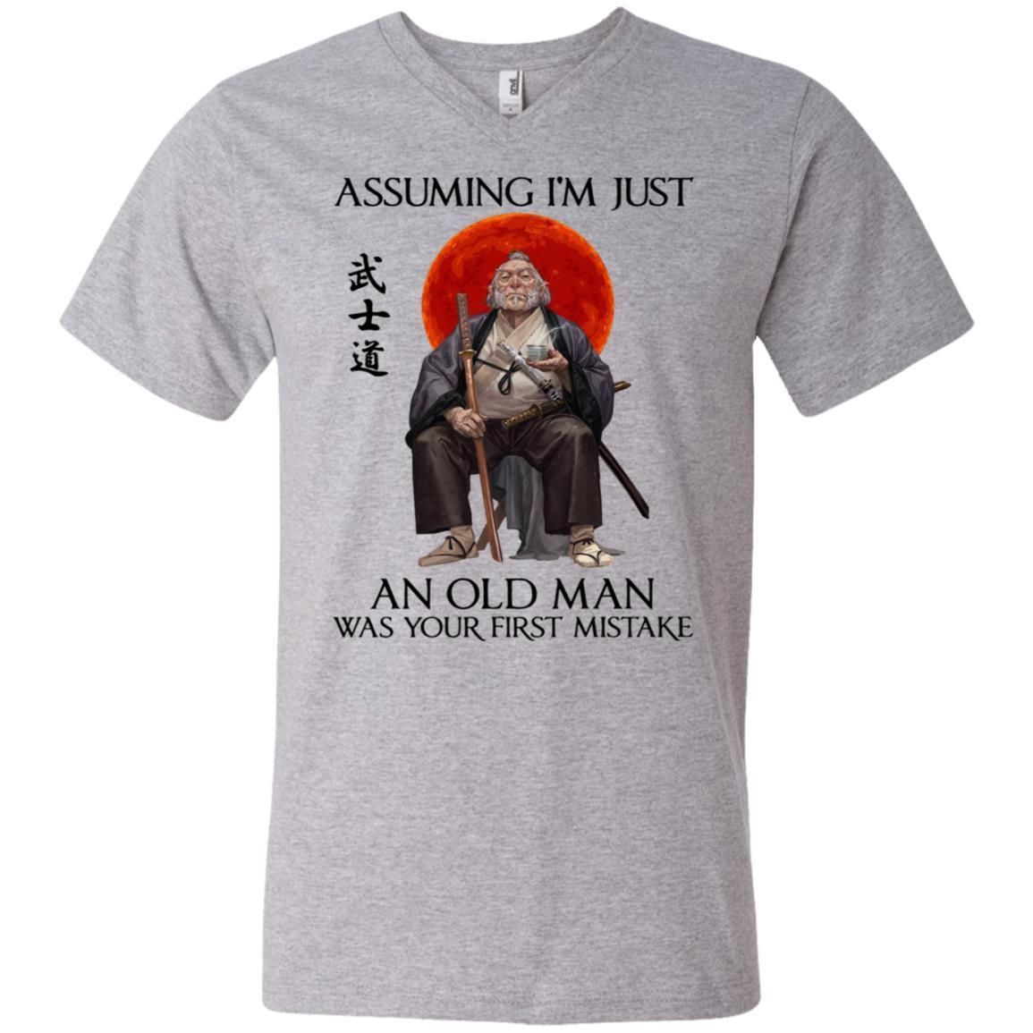Assuming I'm just an old man was your first mistake shirts funny samurai-Apparel-CustomCat-982 Anvil Men's Printed V-Neck T-Shirt-Heather Grey-S-Vibe Cosy™