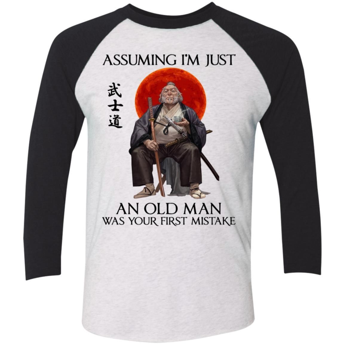 Assuming I'm just an old man was your first mistake shirts funny samurai-Apparel-CustomCat-NL6051 Next Level Tri-Blend 3/4 Sleeve Baseball Raglan T-Shirt-Heather White/Vintage Black-S-Vibe Cosy™