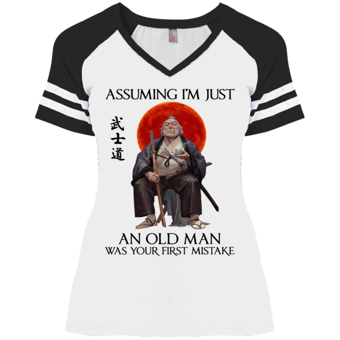 Assuming I'm just an old man was your first mistake shirts funny samurai-Apparel-CustomCat-DM476 District Ladies' Game V-Neck T-Shirt-White/Black-S-Vibe Cosy™