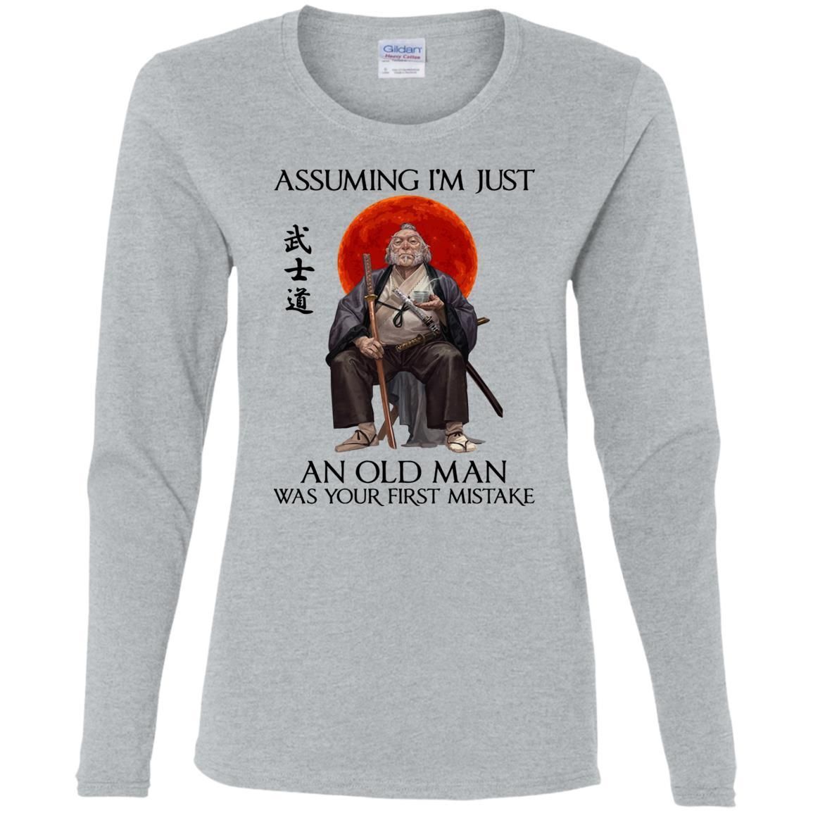 Assuming I'm just an old man was your first mistake shirts funny samurai-Apparel-CustomCat-G540L Gildan Ladies' Cotton LS T-Shirt-Sport Grey-S-Vibe Cosy™