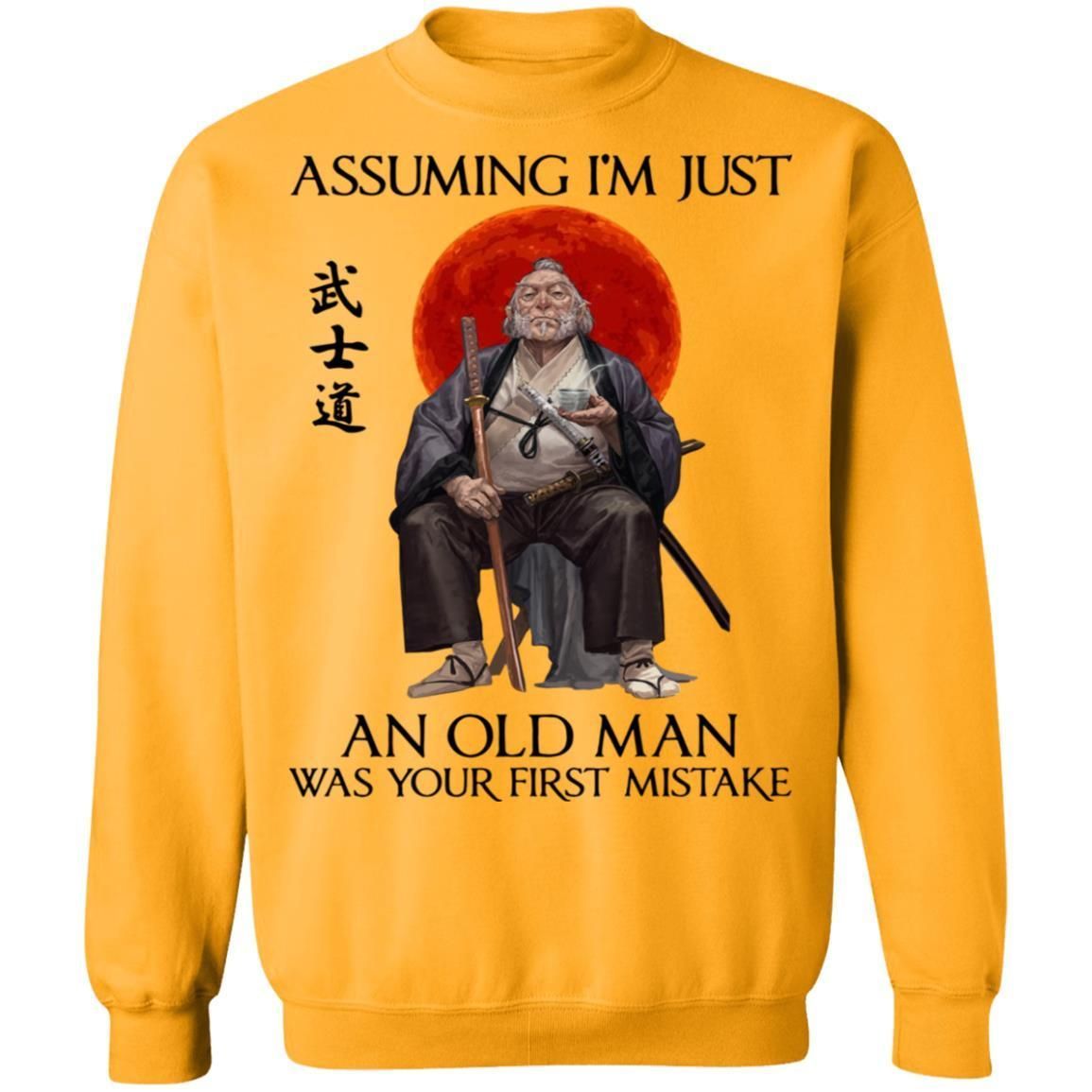 Assuming I'm just an old man was your first mistake shirts funny samurai-Apparel-CustomCat-G180 Gildan Crewneck Pullover Sweatshirt 8 oz.-Gold-S-Vibe Cosy™