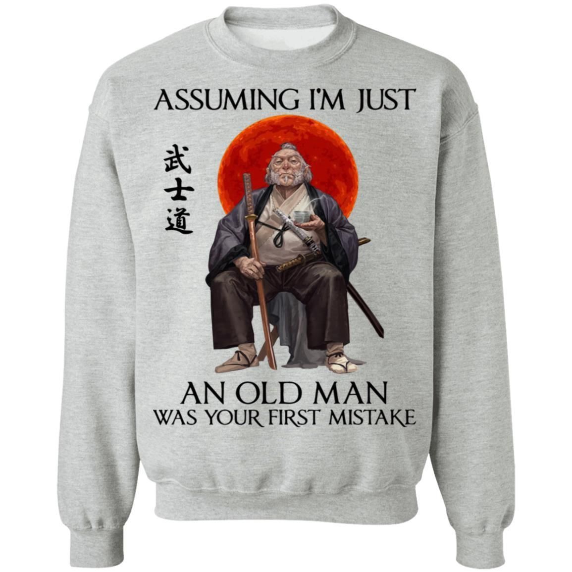 Assuming I'm just an old man was your first mistake shirts funny samurai-Apparel-CustomCat-G180 Gildan Crewneck Pullover Sweatshirt 8 oz.-Sport Grey-S-Vibe Cosy™