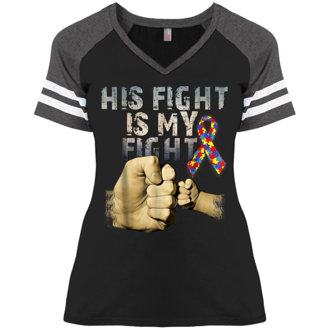 His Fight Is My Fight Autism Awareness and Support Shirts TA030716-Apparel-CustomCat-DM476 Ladies' Game V-Neck T-Shirt-Black/Heathered Charcoal-S-Vibe Cosy™