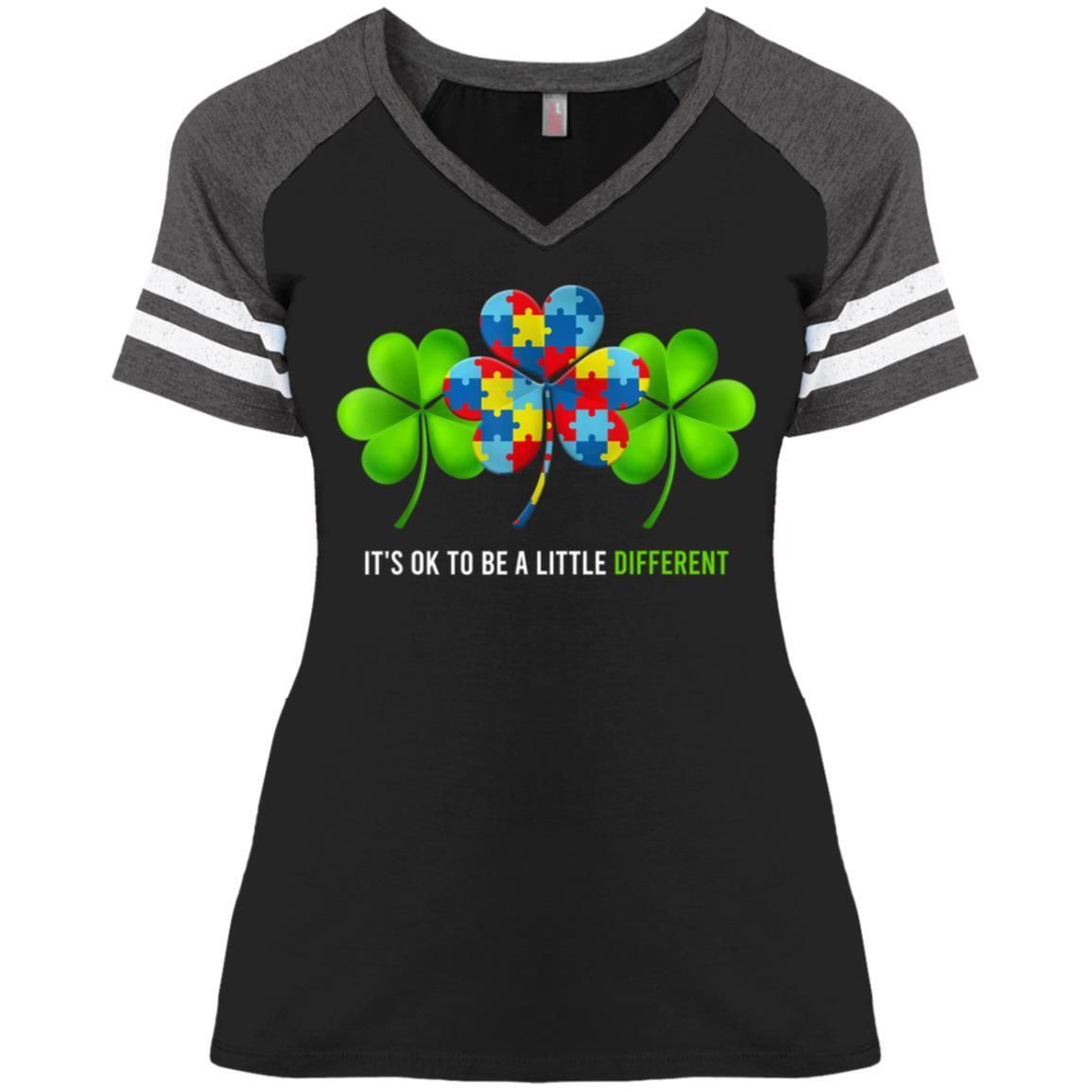 It's Ok to Be a Little Different Autism Irish Shamrock Shirts TA030714-Apparel-CustomCat-DM476 Ladies' Game V-Neck T-Shirt-Black/Heathered Charcoal-S-Vibe Cosy™