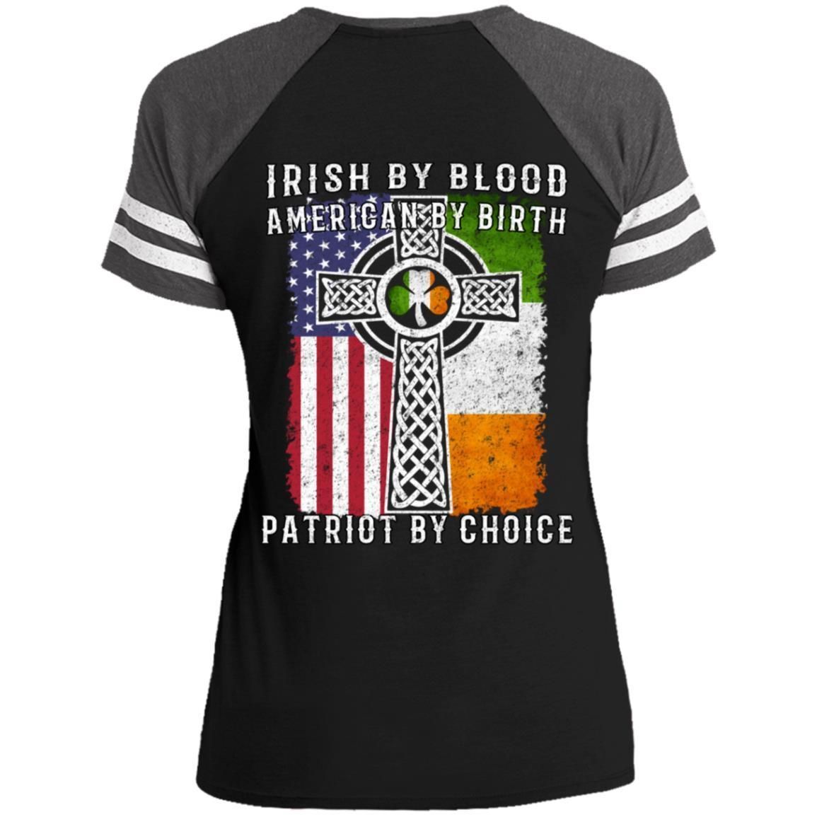 Irish By Blood American By Birth Patriot By Choice shirts (Back Side)-Apparel-CustomCat-DM476 District Ladies' Game V-Neck T-Shirt-Black/Heathered Charcoal-S-Vibe Cosy™