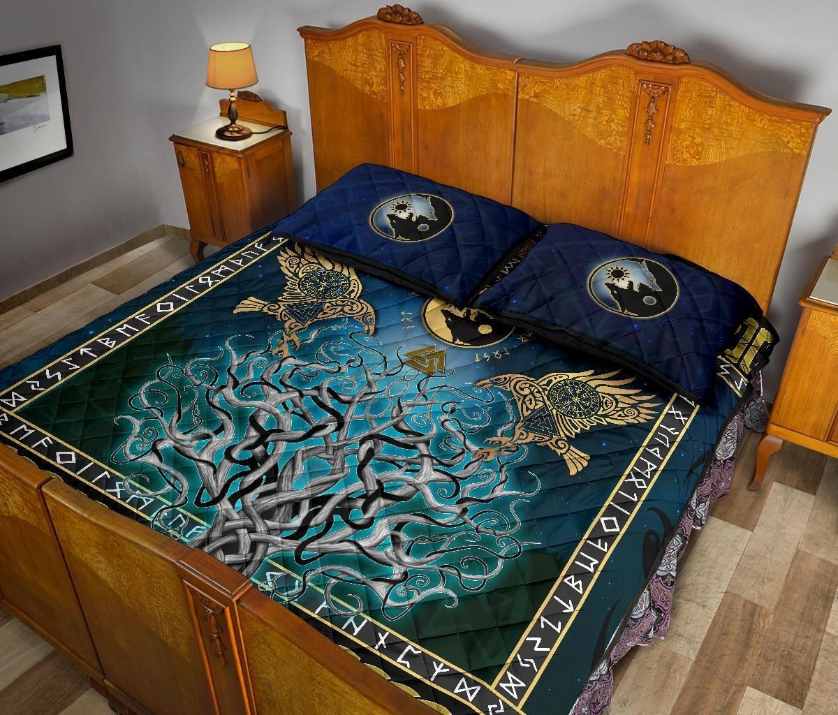 Viking Quilt Bed Set, Tree Of Life Fenrir Skoll And Hati Raven Rune-Amaze Style™-Quilt Bed Set-Twin-Black-Vibe Cosy™