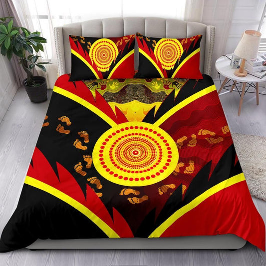 Aboriginal Bedding Set - Indigenous Flag With Footprint Hand Art-HP