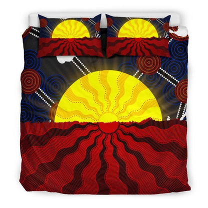 Aboriginal Bedding Set, Australia Indigenous Flag Sun Dot Painting-HP
