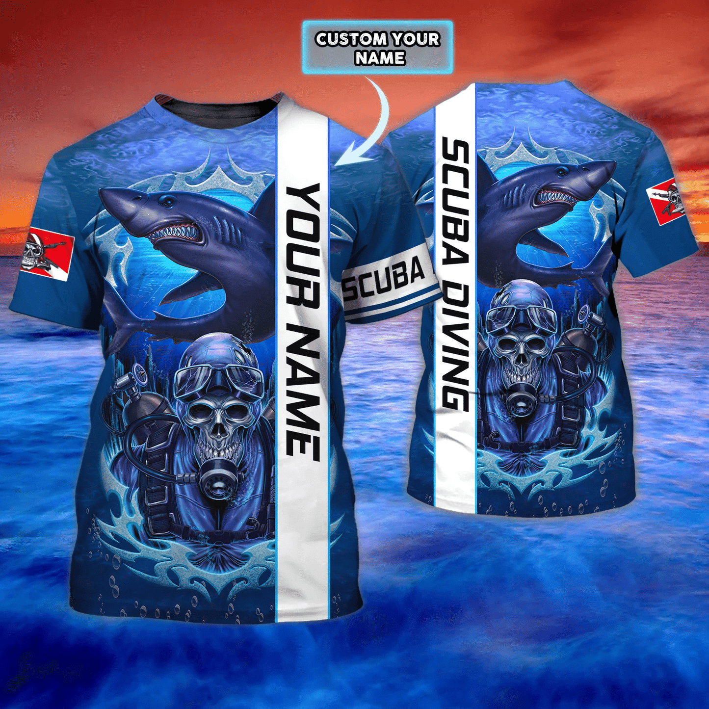 Diving Shark- Personalized Name 3D Tshirt For Scuba Diver