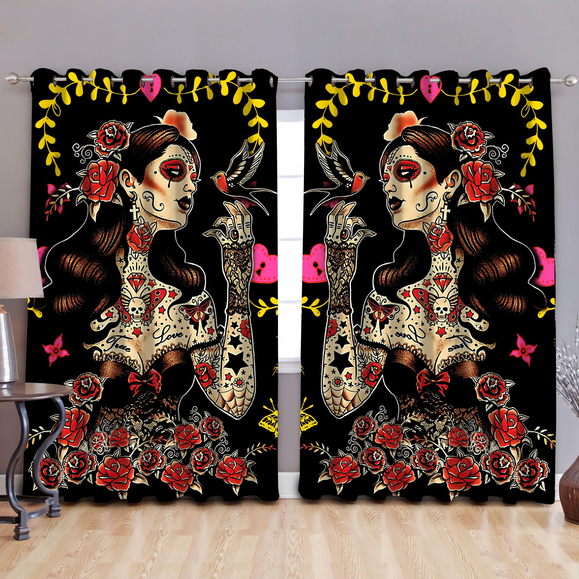 Tattoo Skull Girl Curtains DQB07302003-TQH-Curtains-TQH-52'' x 63''-Vibe Cosy™