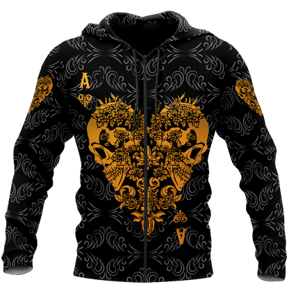 3D Ace Heart Skull Poker Over Printed Hoodie