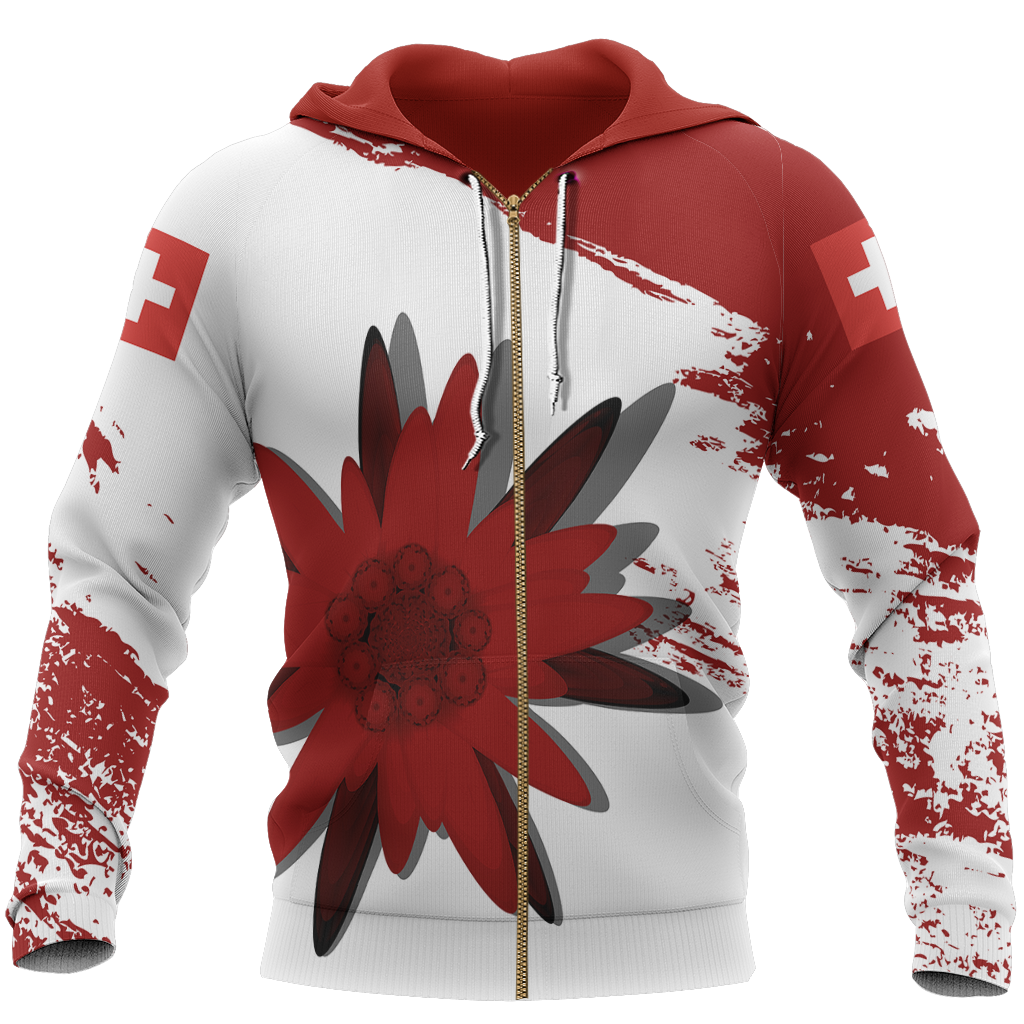 Switzerland - Red Edelweiss Pullover Hoodie NNK3-Apparel-NNK-Zip-S-Vibe Cosy™