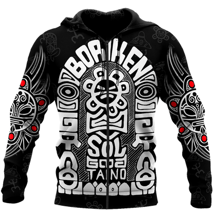 Puerto Rico White Symbol Sol Taino On Black Shirt QB06232002-Apparel-TQH-Zipped Hoodie-S-Vibe Cosy™