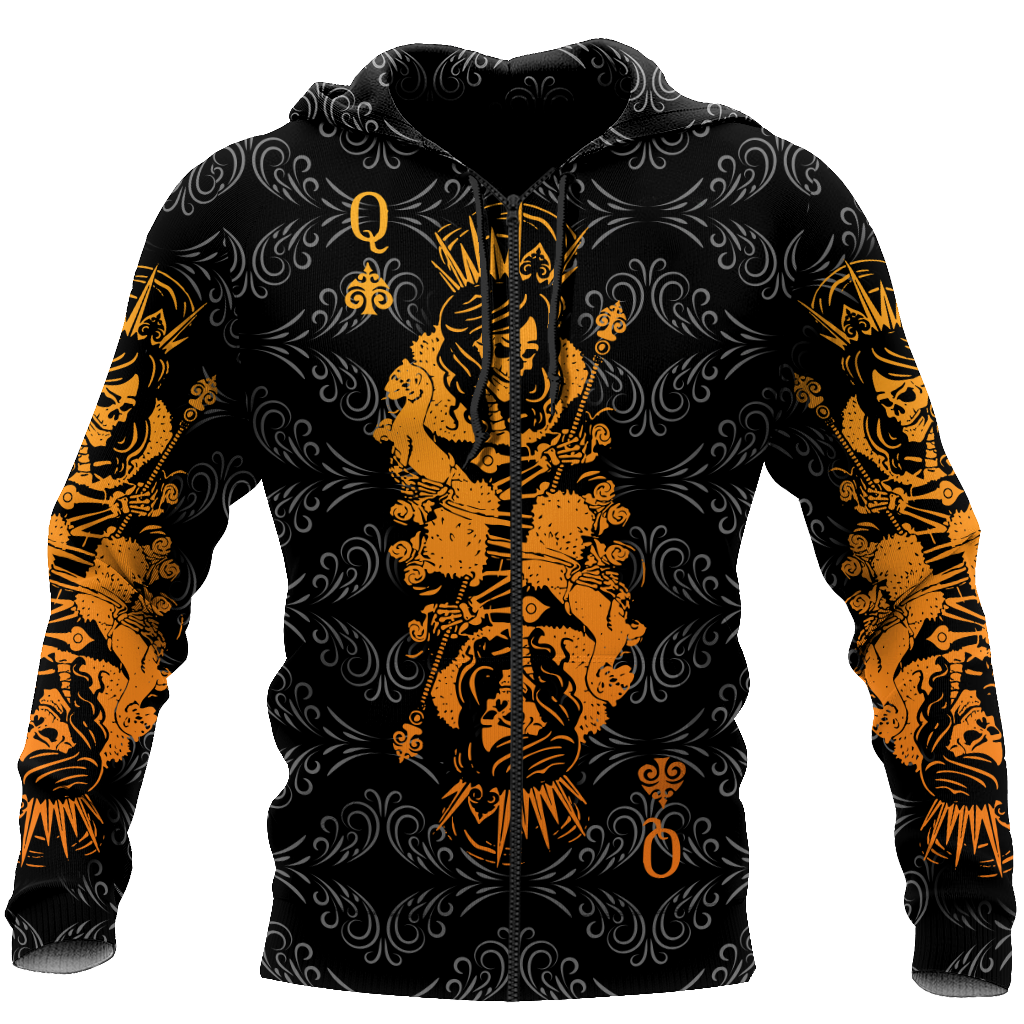 3D Queen Spade Skull Poker Over Printed Hoodie