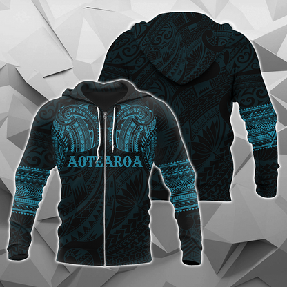 Aotearoa Maori Tattoo All Over Hoodie Blue PL-Apparel-PL8386-Zipped Hoodie-S-Vibe Cosy™