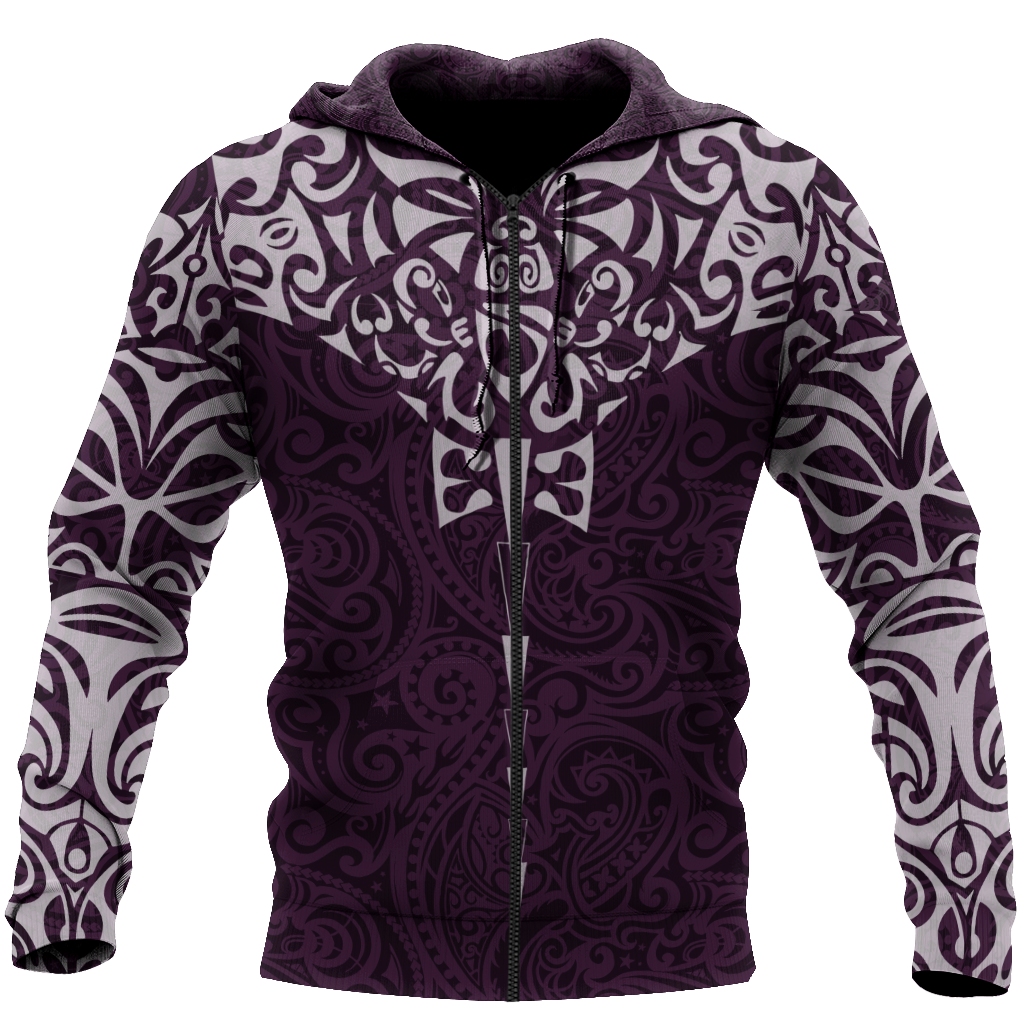 New zealand hoodie manta maori ta moko purple 3d all over printed shirt and short for man and women-Apparel-PL8386-Zipped Hoodie-S-Vibe Cosy™