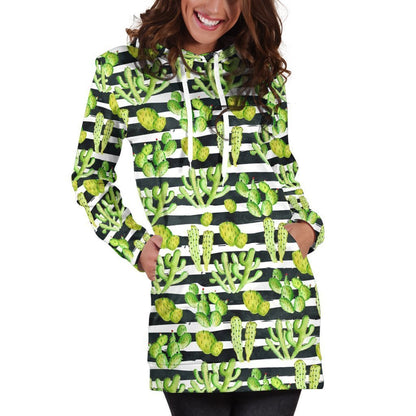 All Over Printing Cacti And horizontal stripes Hoodie Dress-Apparel-Phaethon-Hoodie Dress-S-Vibe Cosy™
