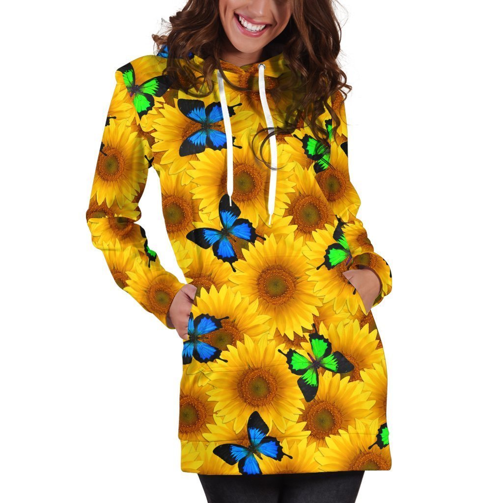 3D All Over Printing Butterfly Garden And Sunflowers Hoodie Dress-Apparel-Phaethon-Hoodie Dress-S-Vibe Cosy™