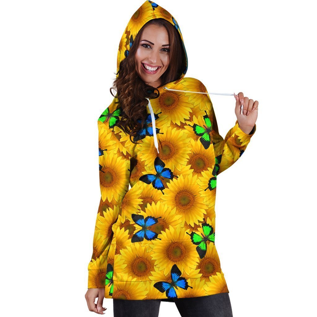 3D All Over Printing Butterfly Garden And Sunflowers Hoodie Dress-Apparel-Phaethon-Hoodie Dress-S-Vibe Cosy™