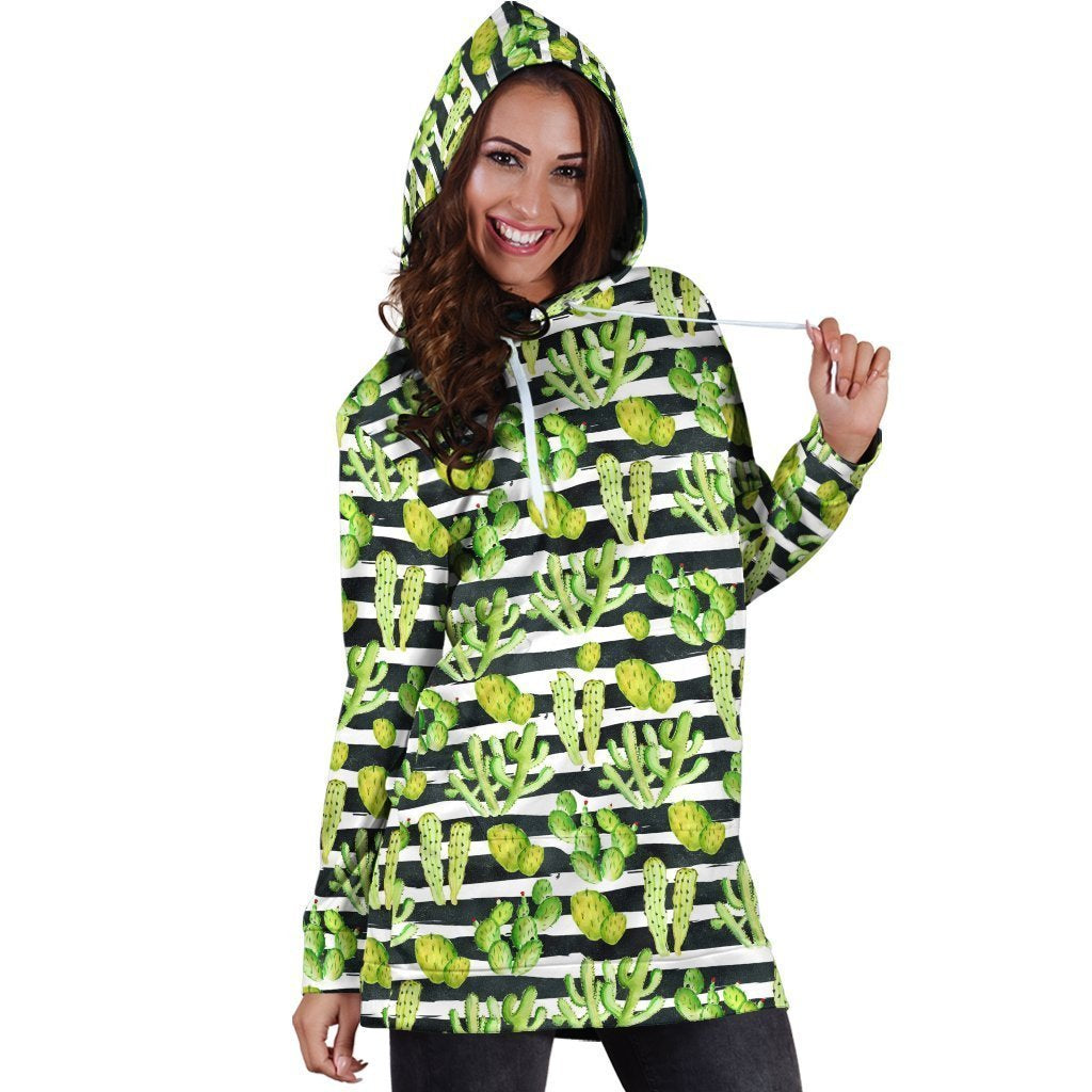 All Over Printing Cacti And horizontal stripes Hoodie Dress-Apparel-Phaethon-Hoodie Dress-S-Vibe Cosy™