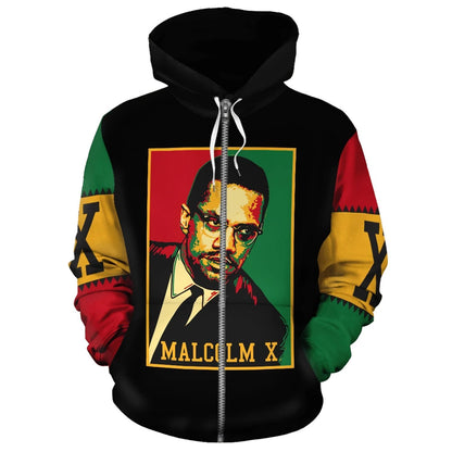 African Zip-Up Hoodie - Malcolm X Retro-ALL OVER PRINT ZIP HOODIES (A)-HPArt-Women-XS-Black-Vibe Cosy™