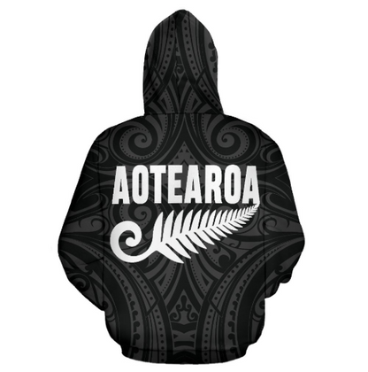 New Zealand - Aotearoa Maori Koru Silver Fern Th9-Apparel-Khanh Arts-Hoodie-S-Vibe Cosy™