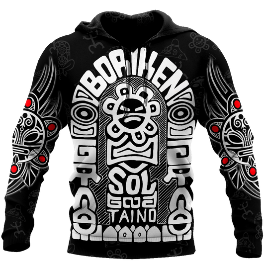 Puerto Rico White Symbol Sol Taino On Black Shirt QB06232002-Apparel-TQH-Hoodie-S-Vibe Cosy™