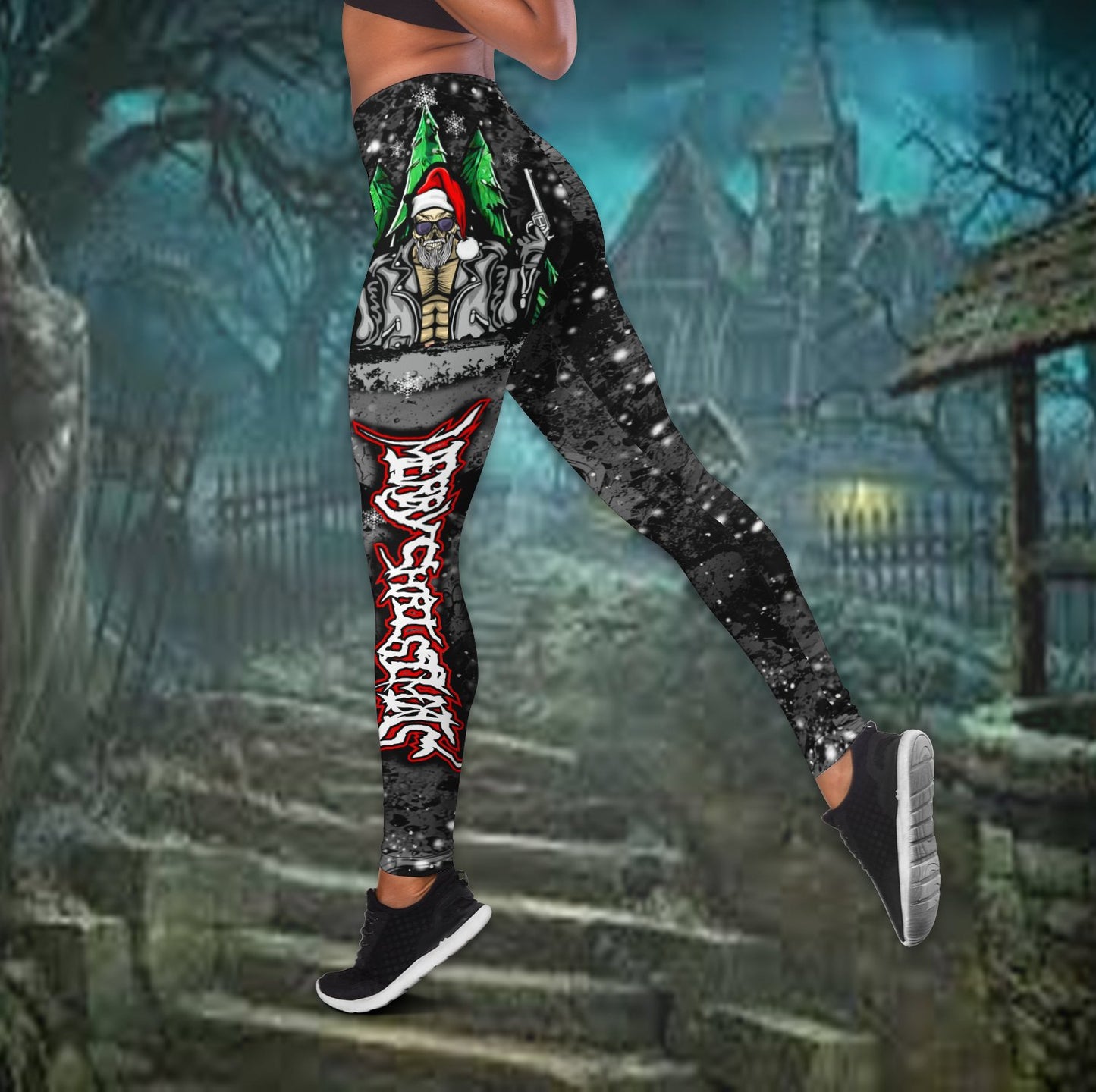 Merry Chrismas and Happy new yeah skull santa legging + hollow tank combo outfit HHT15082003