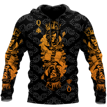 3D Queen Spade Skull Poker Over Printed Hoodie