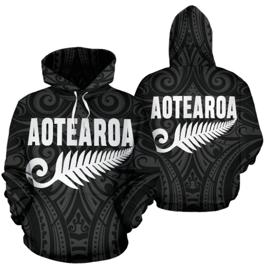 New Zealand - Aotearoa Maori Koru Silver Fern Th9-Apparel-Khanh Arts-Hoodie-S-Vibe Cosy™
