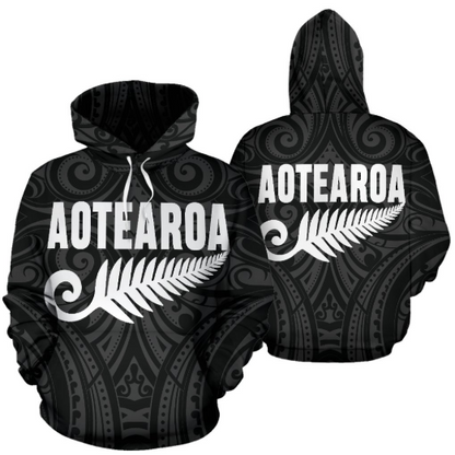New Zealand - Aotearoa Maori Koru Silver Fern Th9-Apparel-Khanh Arts-Hoodie-S-Vibe Cosy™
