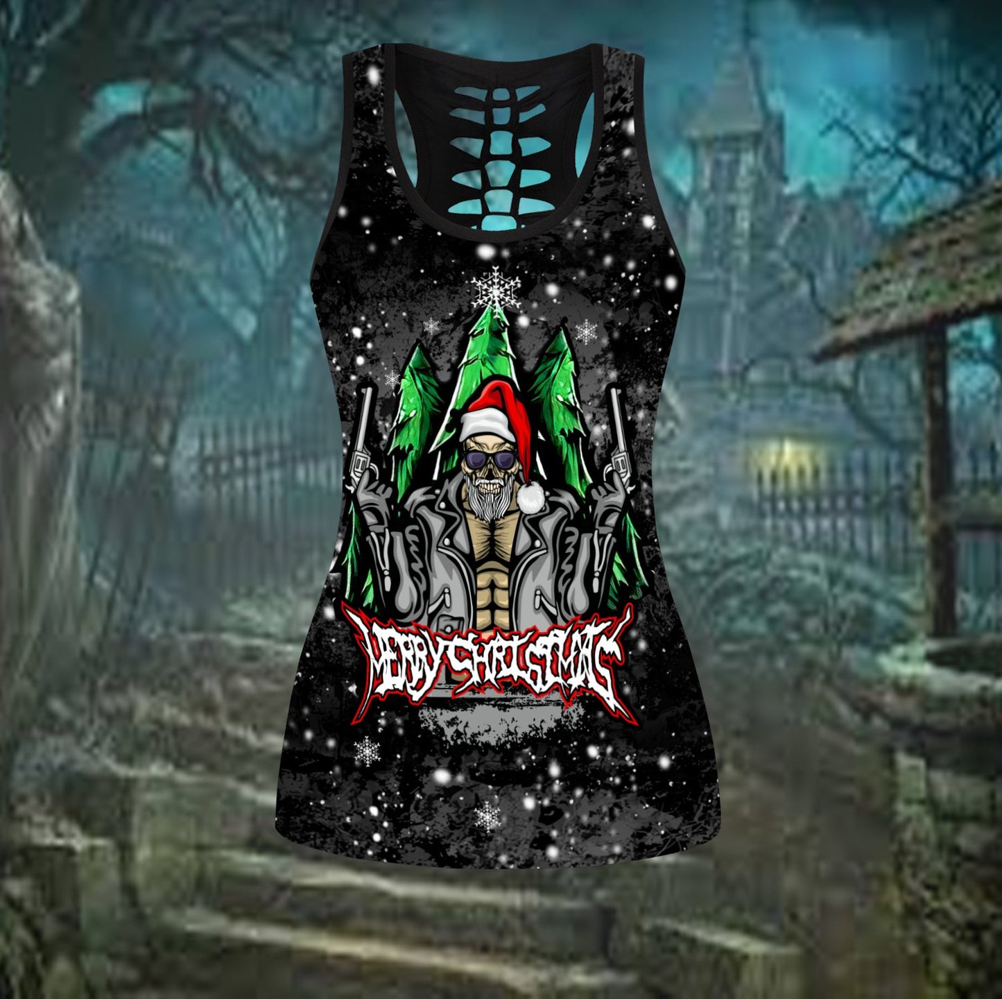 Merry Chrismas and Happy new yeah skull santa legging + hollow tank combo outfit HHT15082003