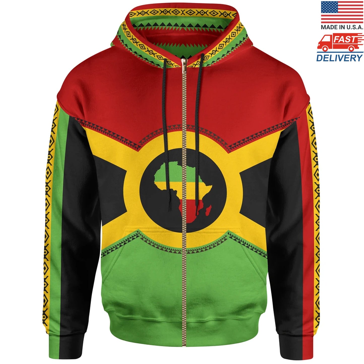 African Zip-Up Hoodie - African Reggae Map Hoodie - Made in USA BN39-ALL OVER PRINT ZIP HOODIES (A)-HP Arts-Women-XS-Black-Vibe Cosy™