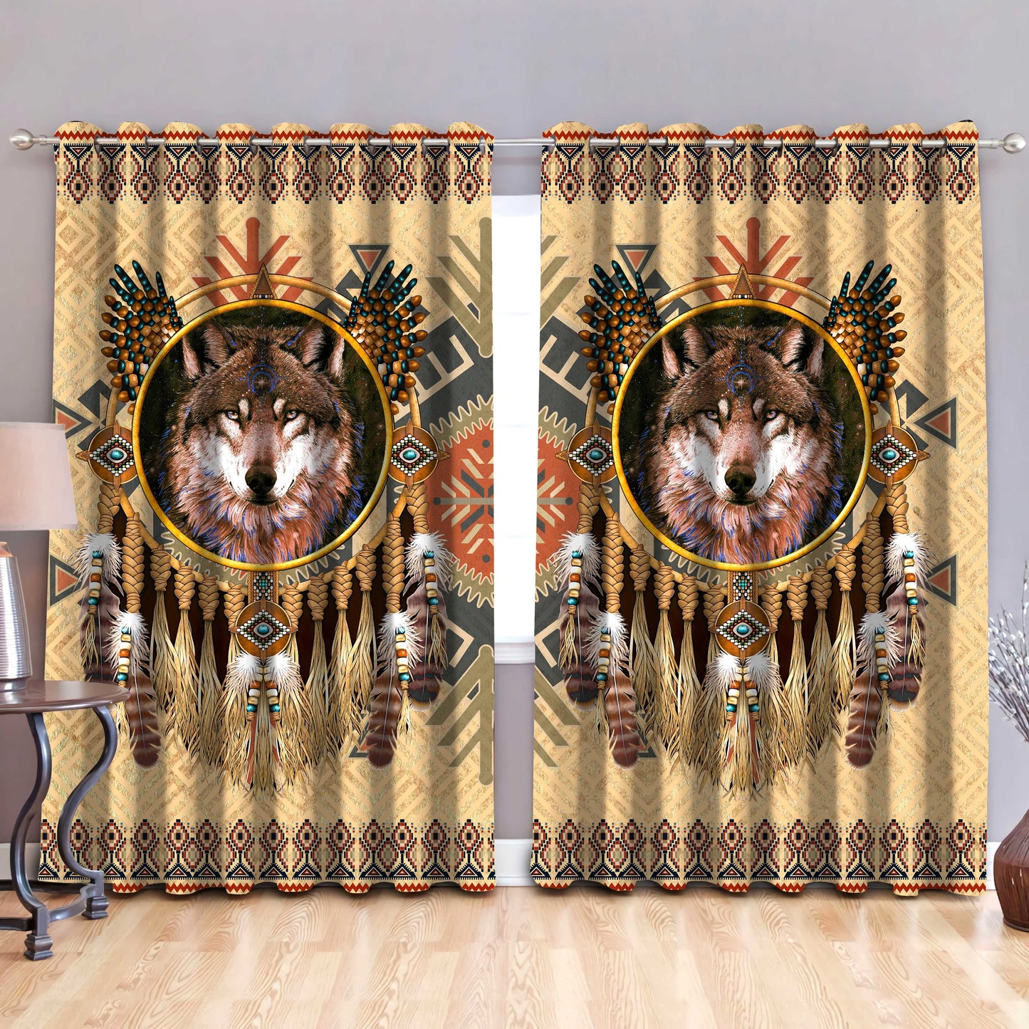 Native Wolf 3D All Over Printed Window Curtains