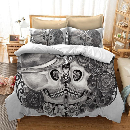 Sugar Skull Couple Decorative Full Duvet and Pillow Cover-Bedding Set-6teenth Outlet-Twin-Black & White-Vibe Cosy™