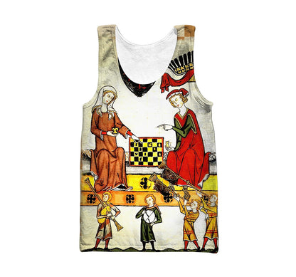 3D All Over Printed  MEDIEVAL CHESS PLAYERS IN COURT WITH RED WILD ROSES Chess Lovers- Chess Unisex Shirts  TR19022101 XT