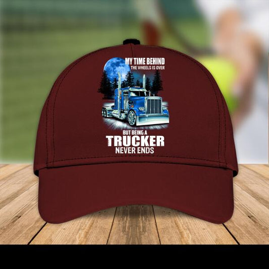My time Behind The Wheels Is Over, But Being A Trucker Never Ends Personalized Cap, Best Gift For Dad And Grandpa