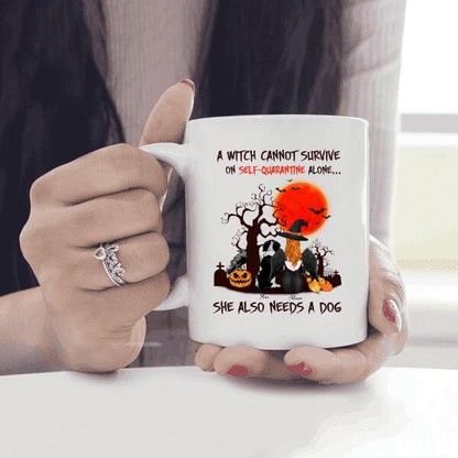 A Witch Cannot Survive On Self-quarantine Alone, She Also Needs A Dog Personalized T-shirt, Mug, Blanket, Poster, Canvas Throw Pillow, Bests Gifts For Halloween Occasion