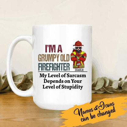 I'm A Grumpy Old Firefighter My Level Of Sarcasm Personalized T-Shirt, Best Gift For Firefighter