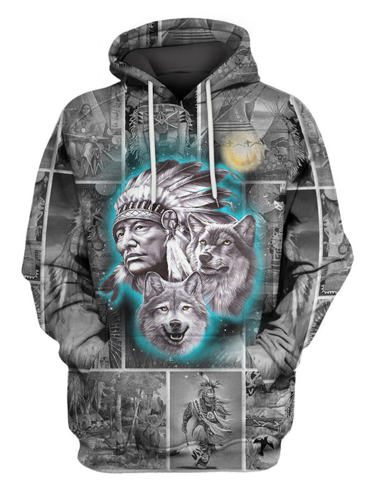 Chief & Wolf Native American 3D All Over Printed Unisex Shirts