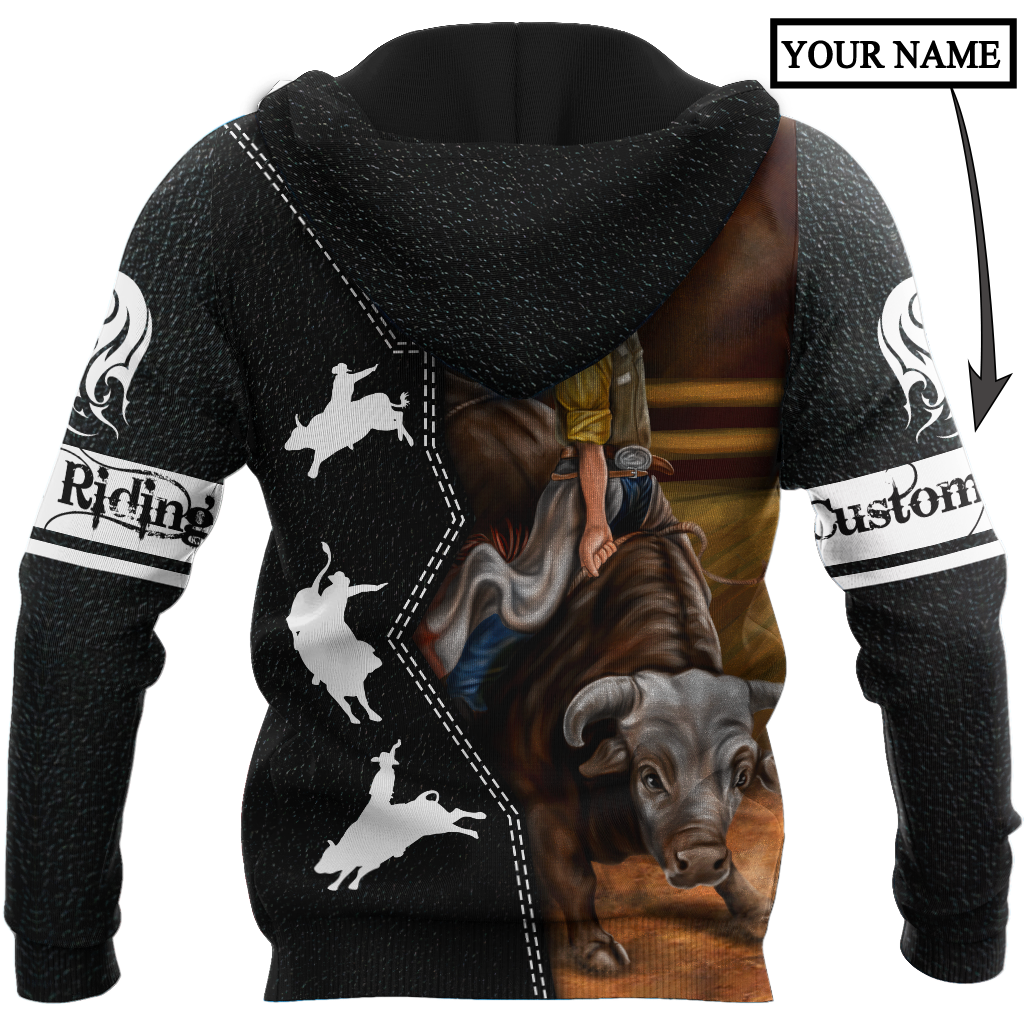 Personalized Name Bull Riding 3D All Over Printed Unisex Shirts Black Leather Texture