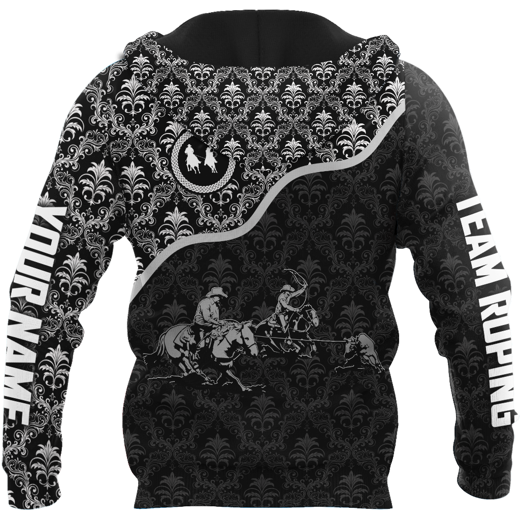 Personalized Name Bull Riding 3D All Over Printed Unisex Shirts Team Roping Black Pattern