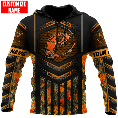 Custom name Fishing Orange Steel Camo 3D printed shirts