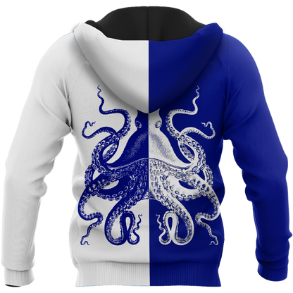 Premium Unisex Hoodie Blue And White Kraken Octopus King of The Seven Seas ML