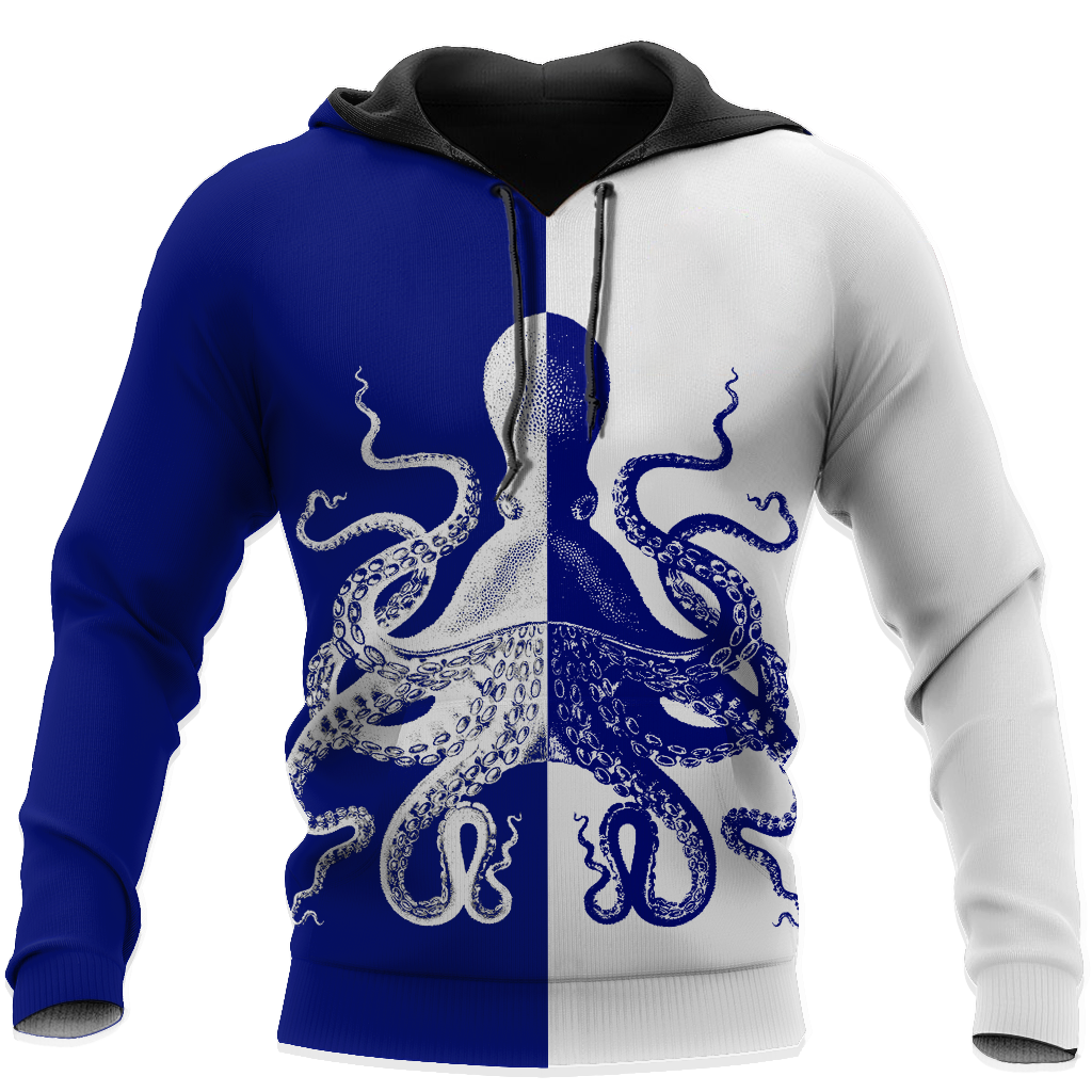 Premium Unisex Hoodie Blue And White Kraken Octopus King of The Seven Seas ML